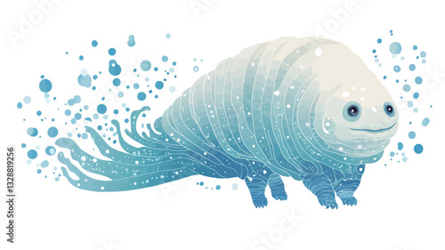 Digital painting or illustration of a stylized aquatic creature. The creature is predominantly white and blue, with a gradient effect transitioning from light blue to white. It has a rounded, plump