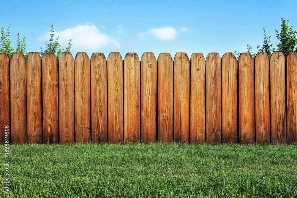 Fototapeta premium Wood fence stretches along green lawn under blue sky with few clouds and sunlight shining in the afternoon