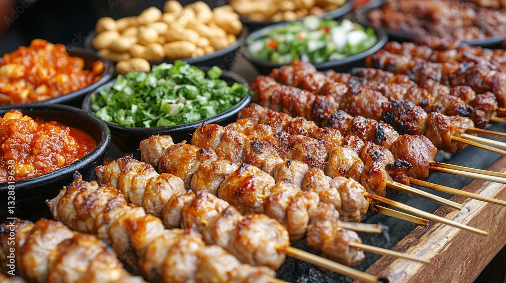 Grilled meat skewers and sauces served at an outdoor food stall Grilled meat skewers and sauces served at an outdoor food stall