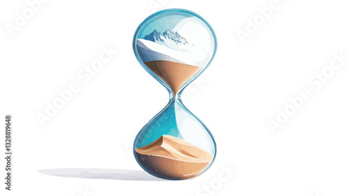 A digital illustration depicts a stylized hourglass. The upper bulb contains a miniature snow-capped mountain range against a clear blue sky. The lower bulb shows a desert landscape with sand dunes