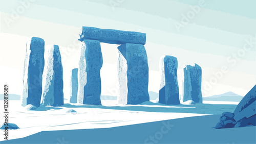 Digital illustration depicting a minimalist landscape of large, light blue stone structures resembling a megalithic site.  The stones are smooth and appear almost crystalline in texture. They are