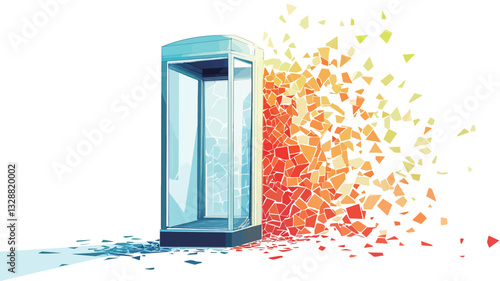 The image is a digital illustration depicting a transparent, blue glass enclosure, resembling a phone booth, partially disintegrating into colorful fragments. The fragments range from orange and