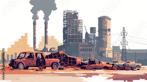 A digital illustration depicting a post-industrial landscape. The scene features several dilapidated buildings, including a large factory complex emitting dark smoke.  Numerous rusted and abandoned