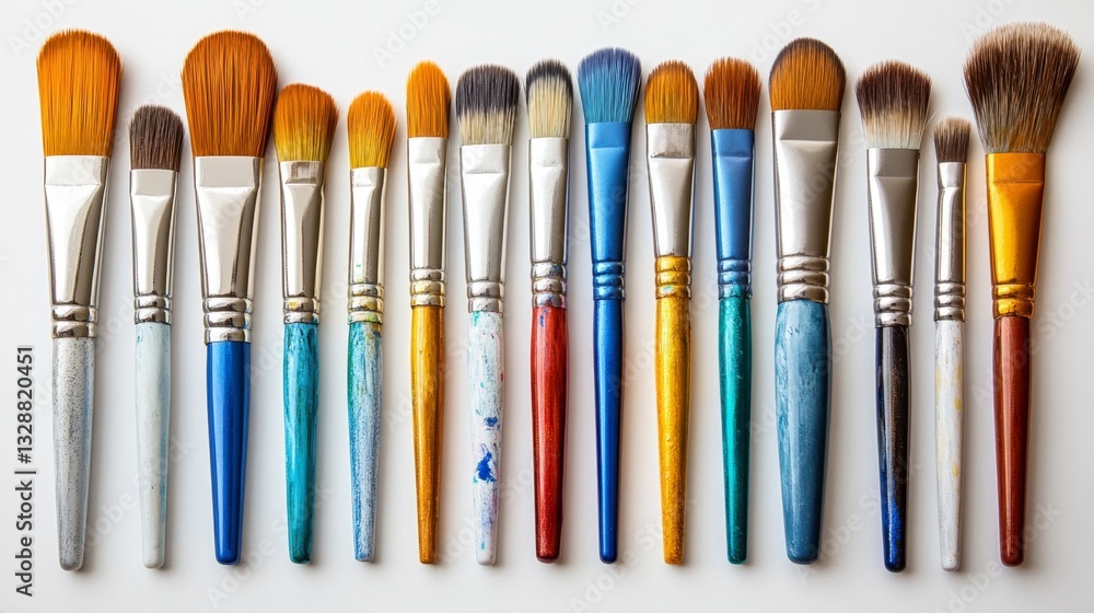 Fototapeta premium Colorful selection of paintbrushes arranged neatly on a light surface for artistic creativity