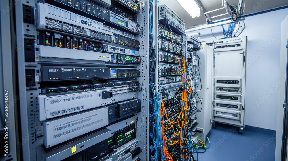 A network server room displays multiple rows of servers equipped with various ports and illuminated indicators, along with tangled cables connecting them A network server room displays multiple rows of servers equipped with various ports and illuminated indicators, along with tangled cables connecting them