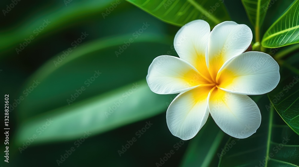 Fototapeta premium A Delicate White Plumeria Flower with Yellow Center