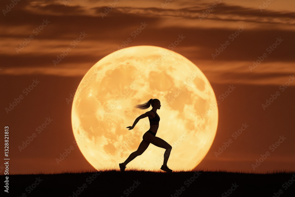 Silhouette of a runner against a large moon backdrop. Silhouette of a runner against a large moon backdrop.