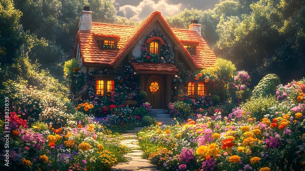 custom made wallpaper toronto digitalA Whimsical and Vibrant Cartoon House Surrounded by Lush Greenery and Colorful Flowers in a Playful Garden Scene