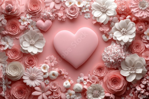 Colorful floral arrangement featuring heart shape on a pink background during springtime celebration of love and beauty