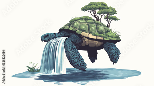 Digital illustration of a large tortoise carrying a miniature landscape on its shell, featuring small trees and vegetation. A waterfall flows from its mouth into a small body of water below. The