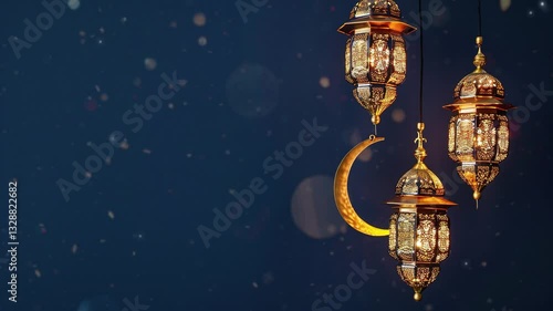 Golden lanterns emit soft light with Islamic Ramadan moon nuances on a dark blue background and a crescent moon. Warm Islamic Eid al-Fitr lanterns