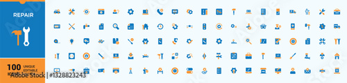 Set of Repair colorful solid icons. Featuring technician, gear, work, auto, tech, service and more. Collection for mobile and web apps. Repair solid icon set. Modern vector UI icons.
