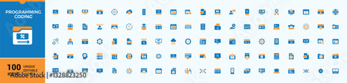 Set of Programming Coding colorful solid icons. Containing app, program, web, website, development, programming, coding and more. Filled icon collection. Conceptual pictogram and infographic.