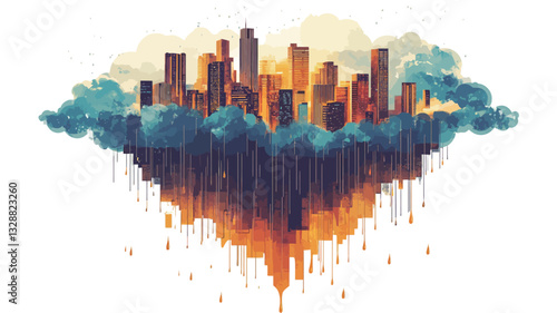 A digital painting or illustration depicting a cityscape nestled within a cloud formation. The style is watercolor-like, with soft, blended colors and visible brushstrokes. The city is rendered in