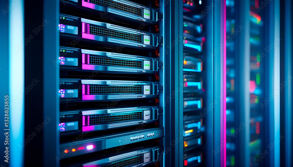 Naklejka premium Close-up of Server Rack with SSD with Blinking Lights in Modern Datacenter. Advanced Cloud Computing and Machine Learning Concept. cinematic approach. high detail. Generative Ai