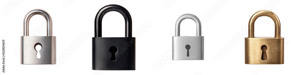 Collection of different shaped metal locks including padlocks in various colors and finishes representing secure access and protection Collection of different shaped metal locks including padlocks in various colors and finishes representing secure access and protection