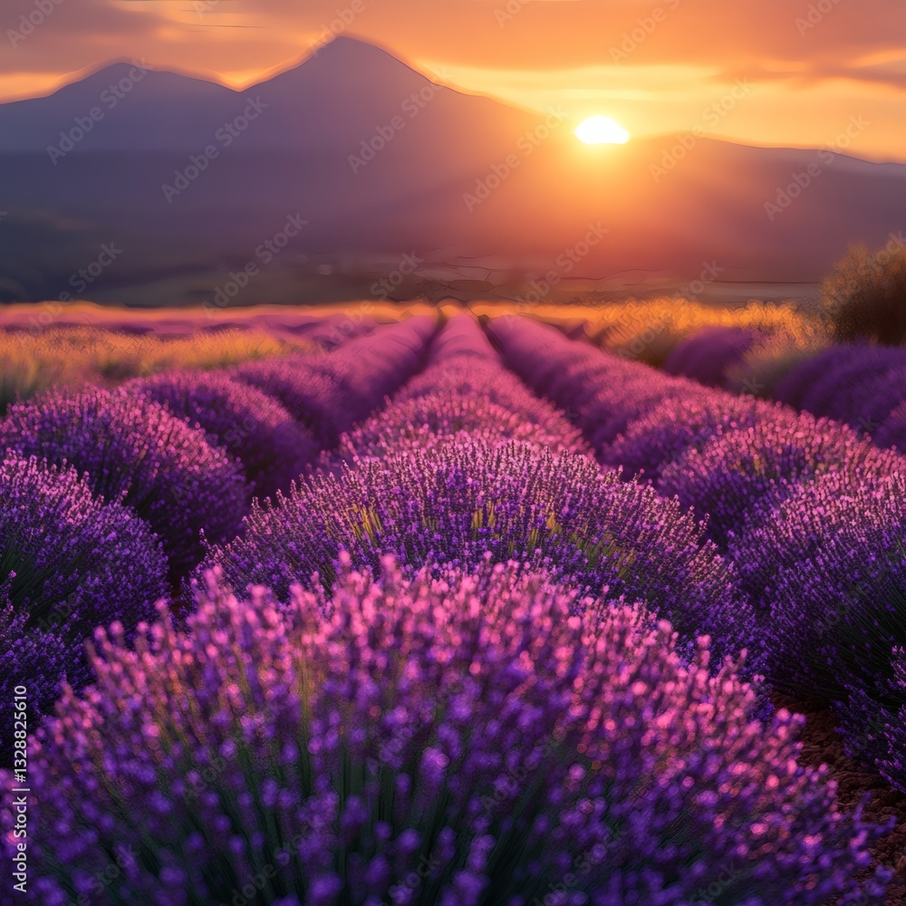 Obraz premium lavender field with mountains in the background during sunset, the sun is setting and creating a warm and magical atmosphere