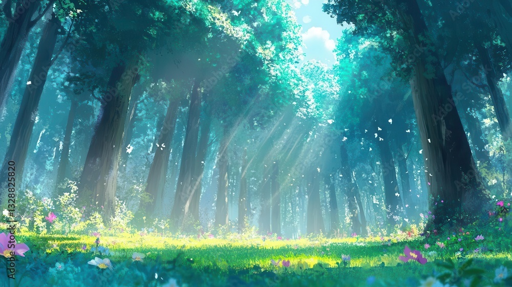 Fototapeta premium Anime background showing a magical forest with tall trees and vibrant green grass