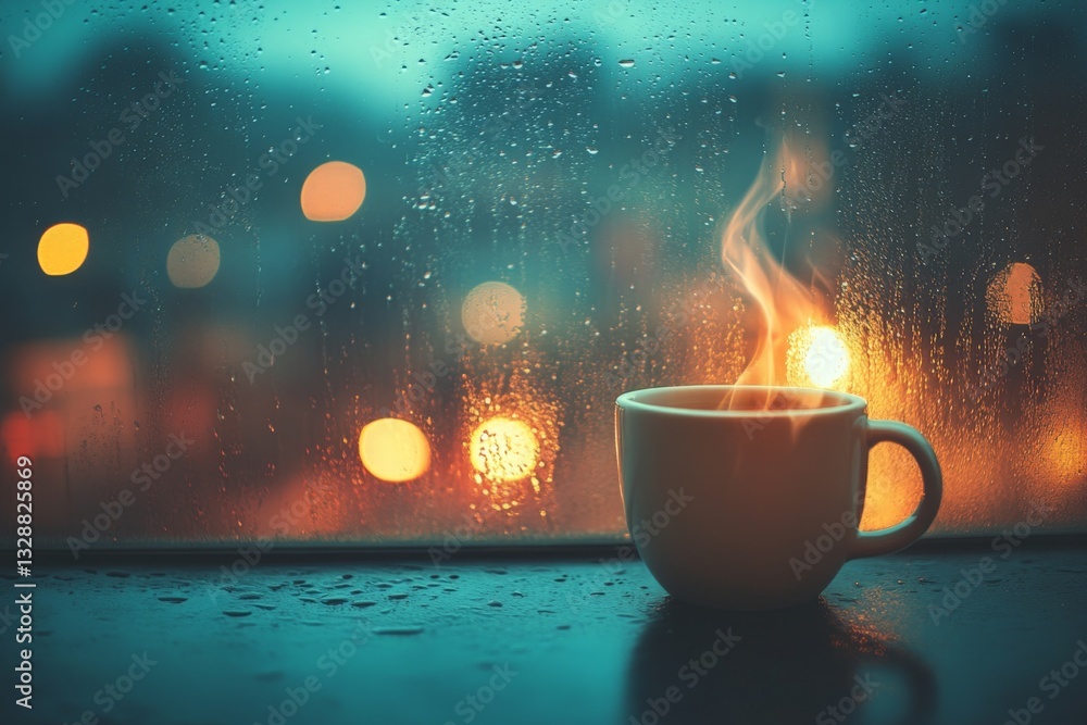 Steam rises from a warm cup near a rainy window in a cozy evening setting with soft bokeh lights Steam rises from a warm cup near a rainy window in a cozy evening setting with soft bokeh lights
