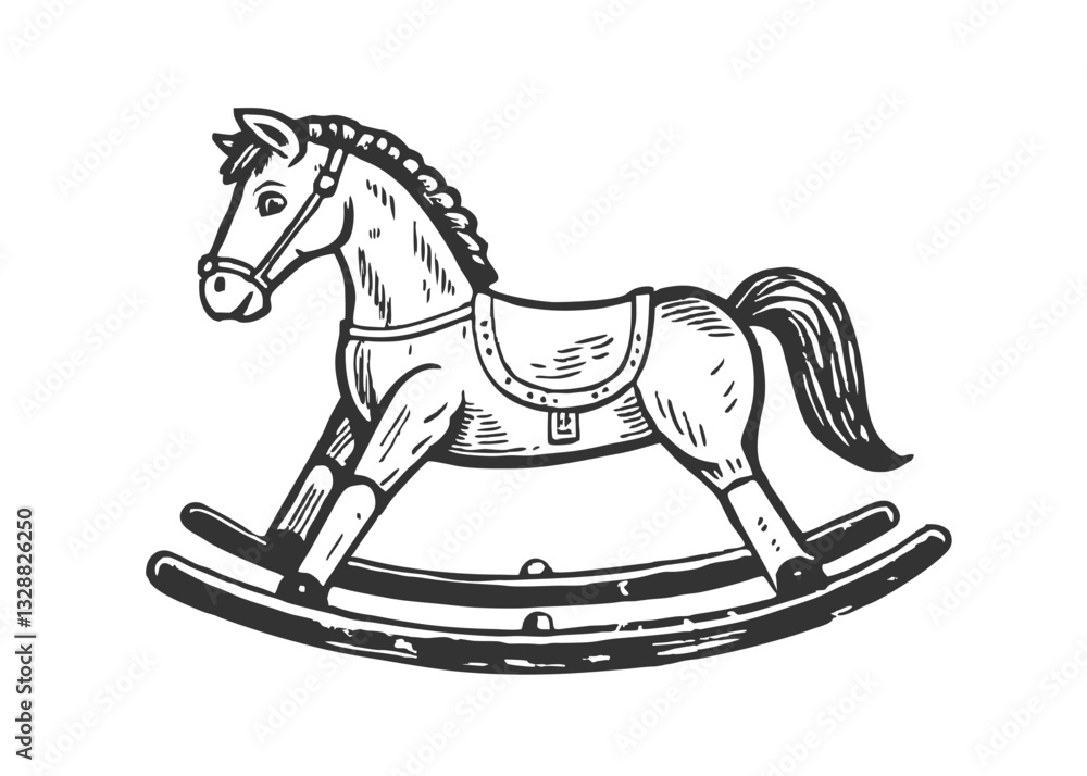 Retro wooden rocking Toy horse sketch. Children toy in vintage engraving style. rocking horse, cute illustration vector
