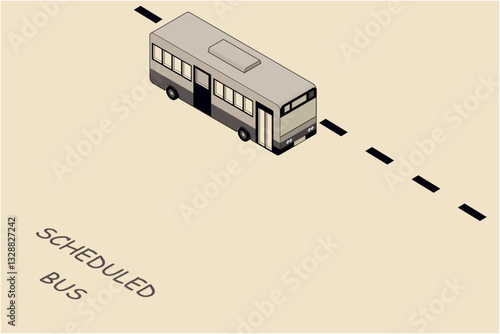 バス停に停車している路線バスのシルエットのアイソメトリックイラスト。右面法、コピースペースあり。