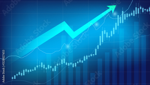 Arrow up with Candle stick graph chart on a blue background, A chart with candlesticks Forex trading graphic concept, Analysis of investment trading in the field of cryptocurrency, vector design