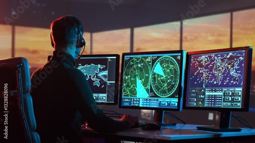 Air traffic controller intently monitors flight data on multiple computer screens in a modern control tower.