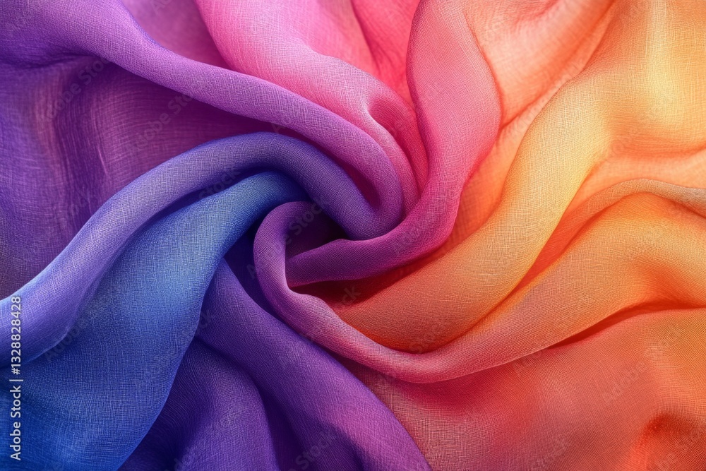 Vibrant silk fabric swirling in shades of purple, orange, and pink creates a colorful textile composition Vibrant silk fabric swirling in shades of purple, orange, and pink creates a colorful textile composition