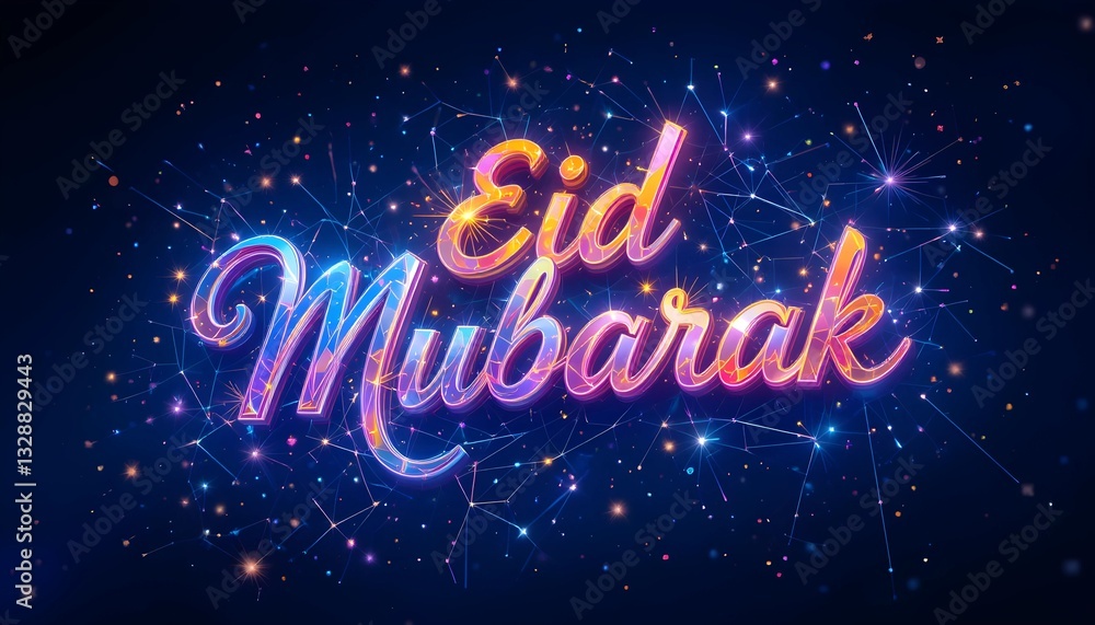 Vibrant Neon Eid Mubarak Greeting with Futuristic Glow, Digital Light Effects, and Festive Starry Background – A Modern and Colorful Celebration of the Islamic Holiday Vibrant Neon Eid Mubarak Greeting with Futuristic Glow, Digital Light Effects, and Festive Starry Background – A Modern and Colorful Celebration of the Islamic Holiday