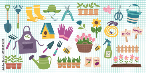 Set of garden tools and seedlings isolated on a checkered background. Collection of spring and garden concept cliparts. Vector illustration in a flat style.