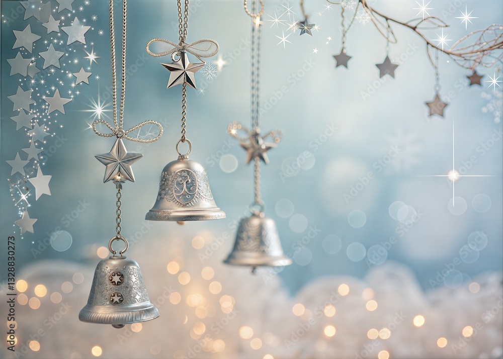 Obraz premium Silver Christmas Bells and Stars, Festive Decor
