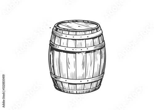 Logo design with wooden beer barrels. Wooden craft beer, whiskey, wine alcohol barrel. Brown vintage engraved hand drawn vector illustration. 
