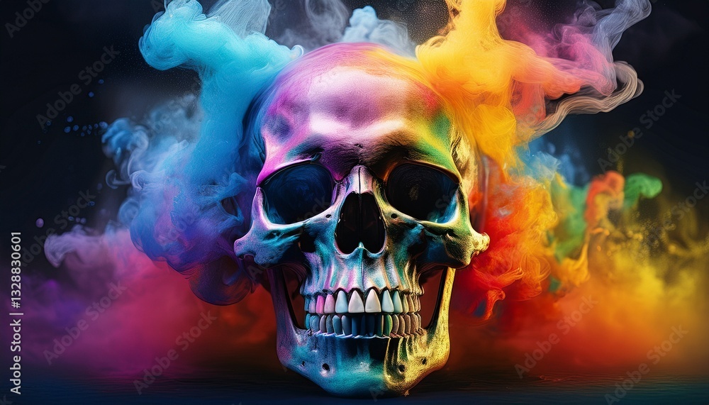 Skull with rainbow-colored smoke emerging from empty sockets, creating a vivid and surreal contrast Skull with rainbow-colored smoke emerging from empty sockets, creating a vivid and surreal contrast
