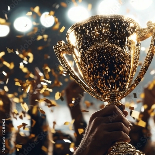 gold trophy cup with gold ribbon