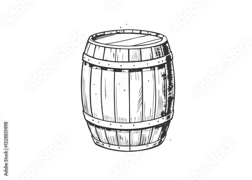 Old wooden barrels set with taps on stands in different positions, vintage engraving style. illustration in engraved style