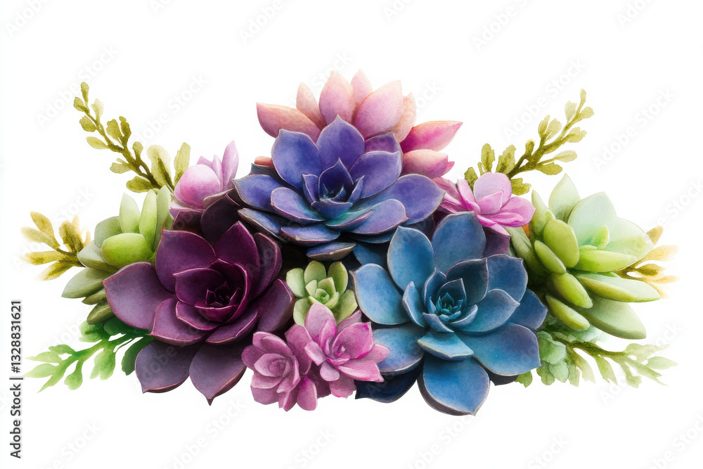 Fototapeta premium vibrant cluster of watercolor succulents in various colors with green foliage, Isolated design on white background