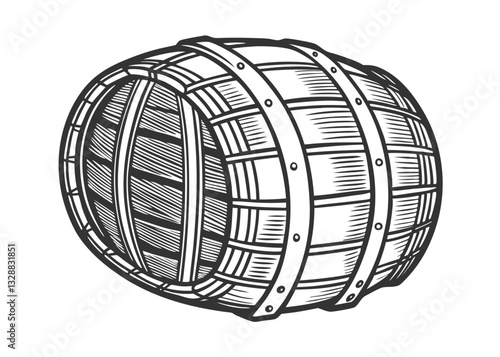 Old wooden barrels set with taps on stands in different positions, vintage engraving style. illustration in engraved style
