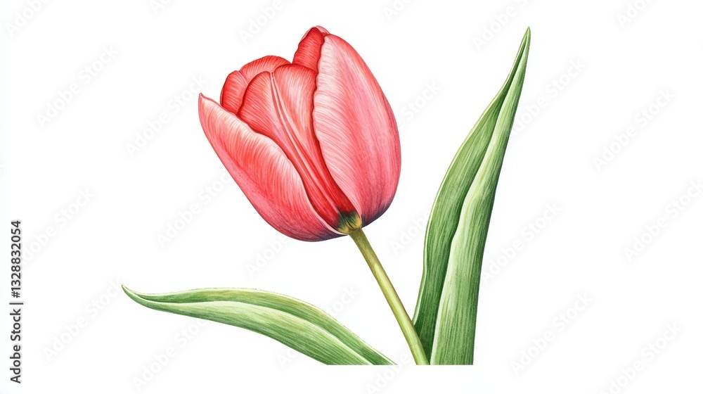 Obraz premium Stunning Watercolor Painting of a Vibrant Tulip in Full Bloom with Lush Green Leaves