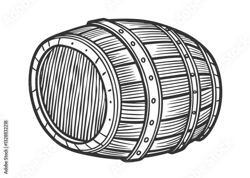 Old wooden barrels set with taps on stands in different positions, vintage engraving style. illustration in engraved style