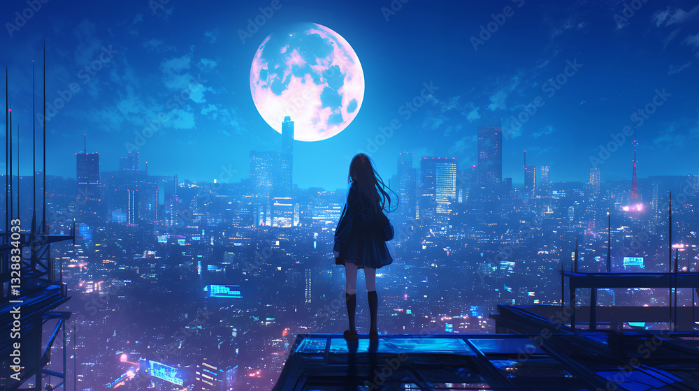 Fototapeta premium 空を見上げるアニメ風の女の子 AI生成画像