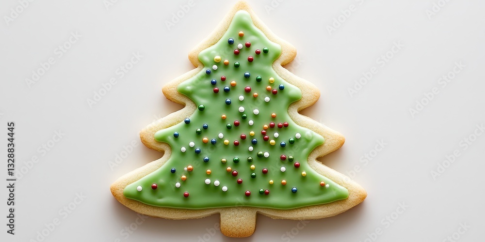 Fototapeta premium A festive, chocolate chip-studded sugar cookie shaped like a Christmas tree. Its vibrant green icing is adorned with tiny red and white sprinkles, offering a delightful holiday charm in every bite. Pe