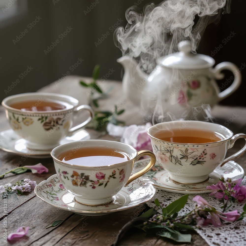 Elegant Tea Set with Floral Design and Steam Rising from Teapot Elegant Tea Set with Floral Design and Steam Rising from Teapot