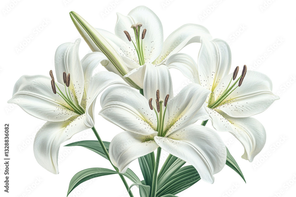 White lilies with green leaves on clear background White lilies with green leaves on clear background