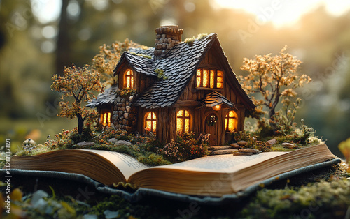 Wallpaper Mural an open book with an enchanted forest and house coming to life, symbolizing the magic of reading for children Torontodigital.ca