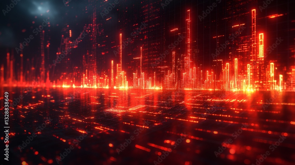 Fototapeta premium a futuristic cityscape illuminated with bright red lights, with digital data streams overlaying the buildings. This abstract and high-tech image evokes a sense of technological advancement