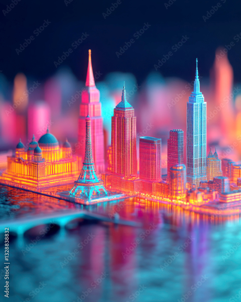 Obraz premium A vibrant, illuminated cityscape showcasing iconic landmarks.
