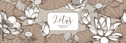 Lotus flowers and leaves sketch outline illustration banner template. Line art floral botany drawing in engraving style. Hand drawn vector clipart for invitations, covers, card design