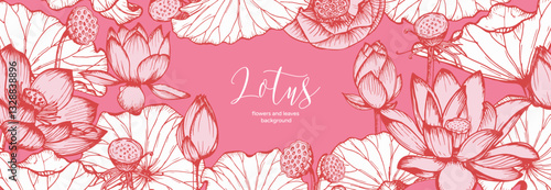 Lotus flowers and leaves sketch outline illustration banner template. Line art floral botany drawing in engraving style. Hand drawn vector clipart for invitations, covers, card design