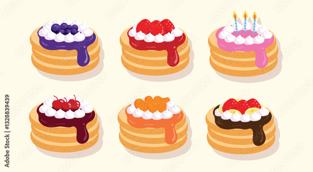 Vector Illustration of Pancake Stacks with Various Fruit Toppings and Whipped Cream Vector Illustration of Pancake Stacks with Various Fruit Toppings and Whipped Cream