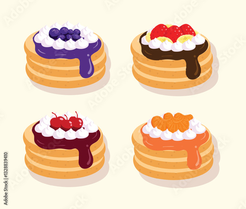 Vector Illustration of Pancake Stacks with Various Fruit Toppings and Whipped Cream